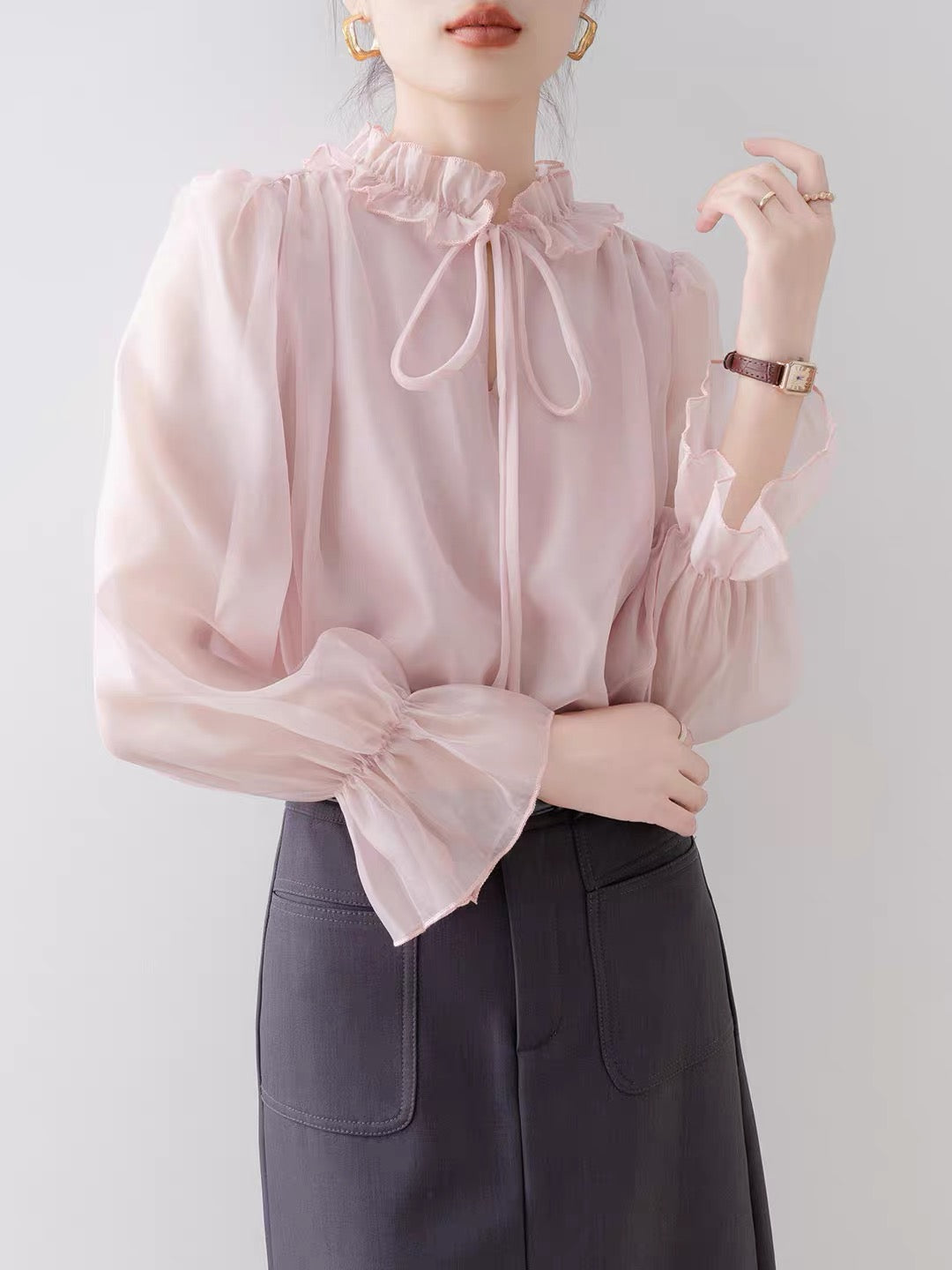 Women's Long-Sleeve Shirt – 2026 Autumn New Arrival: Chic Pink Blouse with Flared Sleeves, Lettuce-Edge Trim, and a Relaxed French-Style Fit.