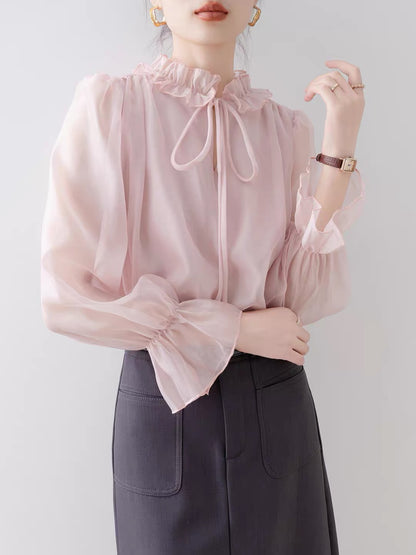 Women's Long-Sleeve Shirt – 2026 Autumn New Arrival: Chic Pink Blouse with Flared Sleeves, Lettuce-Edge Trim, and a Relaxed French-Style Fit.