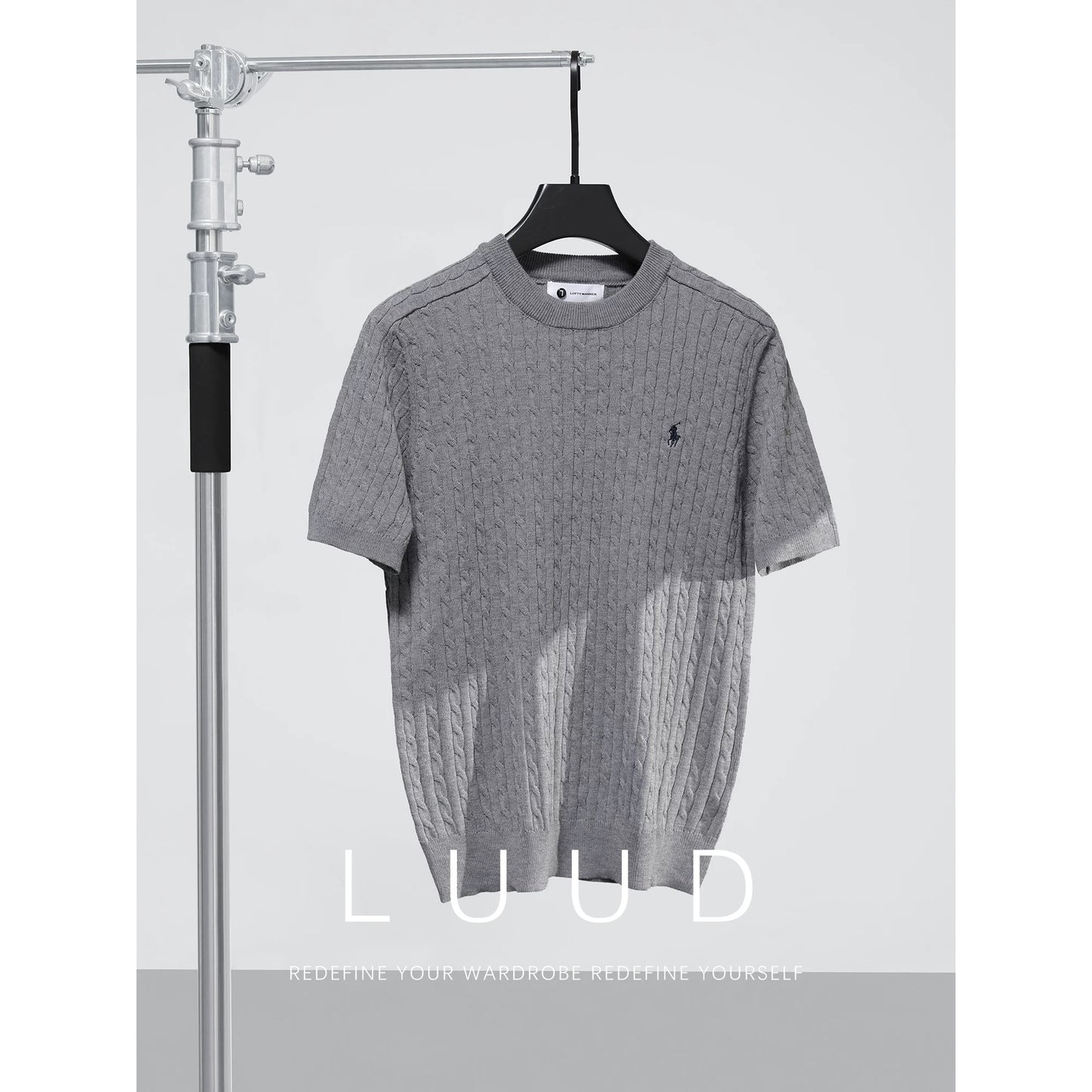 LUUD light luxury casual wool sweater men's summer woven texture knight embroidery round neck short-sleeved T-shirt