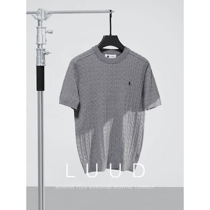 LUUD light luxury casual wool sweater men's summer woven texture knight embroidery round neck short-sleeved T-shirt