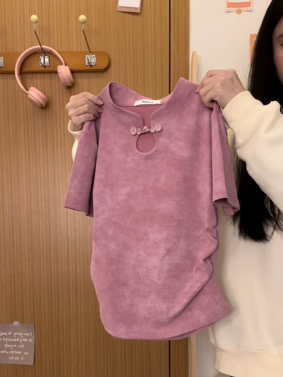 The universe of cream Chinese style button-down tie-dyed right shoulder short-sleeved T-shirt for women new Chinese style short waistless top new style