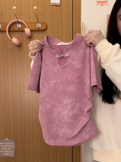 The universe of cream Chinese style button-down tie-dyed right shoulder short-sleeved T-shirt for women new Chinese style short waistless top new style