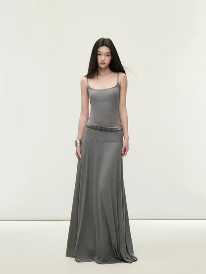 Matin Gris U-neck cross-strap satin patchwork skirt and fitted top set with a loose A-line skirt