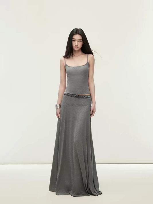 Matin Gris U-neck cross-strap satin patchwork skirt and fitted top set with a loose A-line skirt
