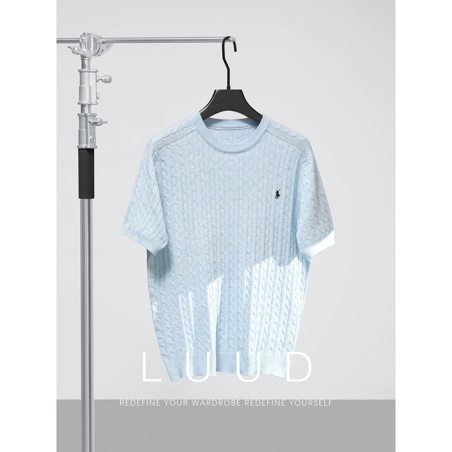 LUUD light luxury casual wool sweater men's summer woven texture knight embroidery round neck short-sleeved T-shirt