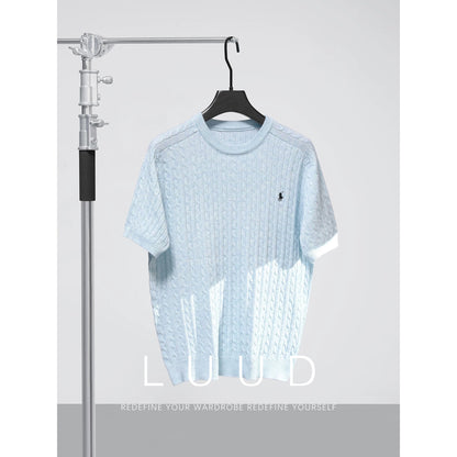 LUUD light luxury casual wool sweater men's summer woven texture knight embroidery round neck short-sleeved T-shirt