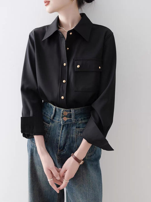 Women's French-style black loose long-sleeve shirt (2026 new arrival); a sophisticated, premium-feel top ideal for smart-casual office wear and commuting.