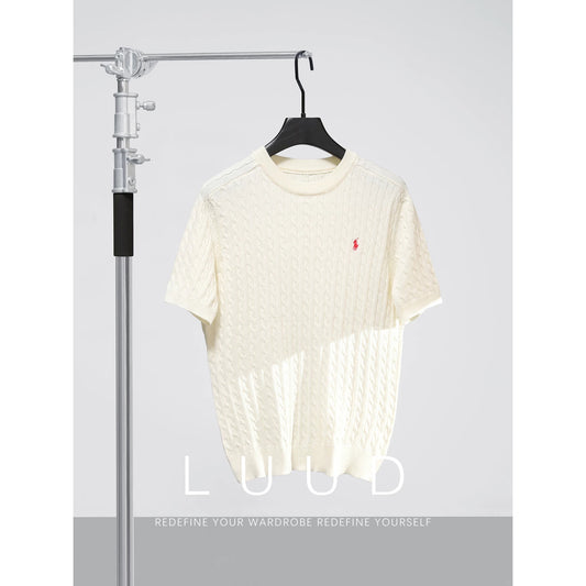 LUUD light luxury casual wool sweater men's summer woven texture knight embroidery round neck short-sleeved T-shirt
