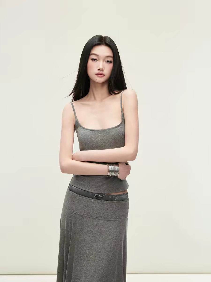 Matin Gris U-neck cross-strap satin patchwork skirt and fitted top set with a loose A-line skirt