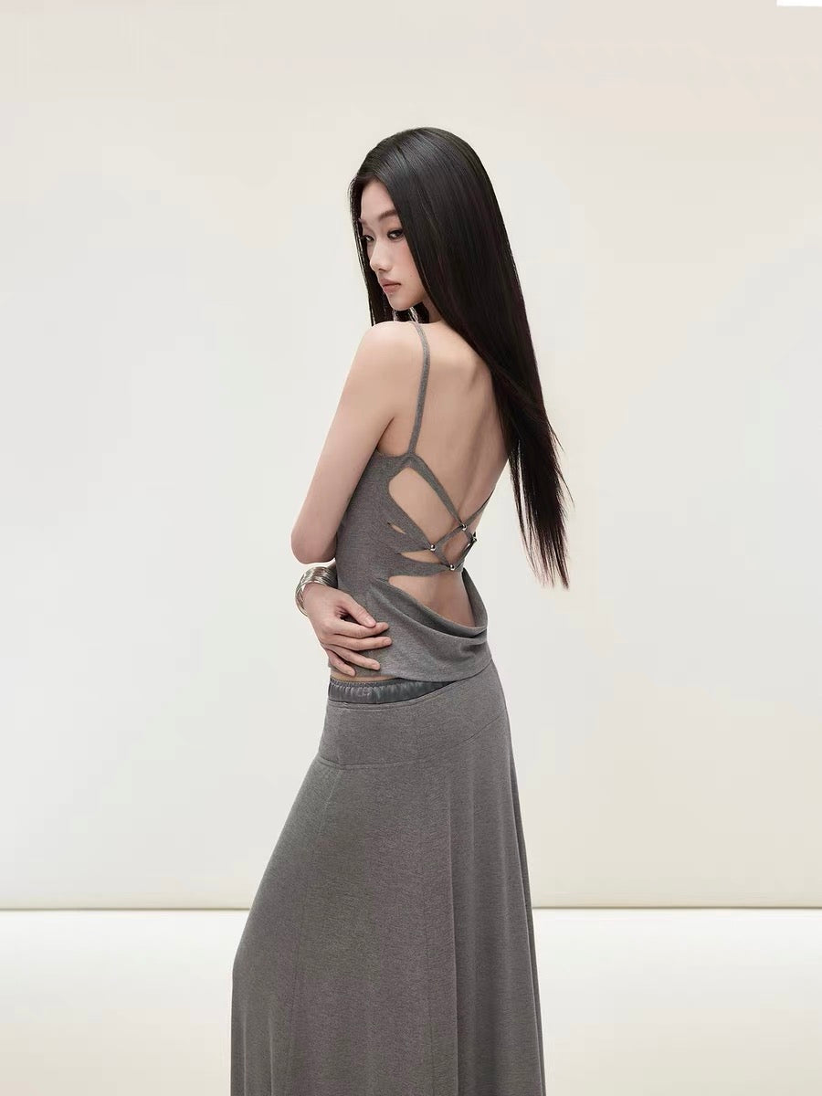 Matin Gris U-neck cross-strap satin patchwork skirt and fitted top set with a loose A-line skirt