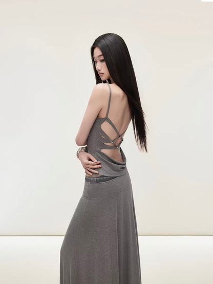 Matin Gris U-neck cross-strap satin patchwork skirt and fitted top set with a loose A-line skirt