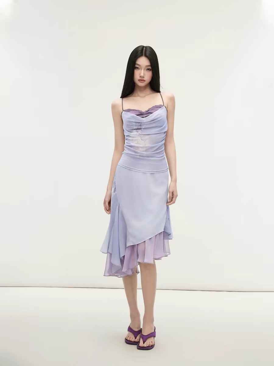 Matin Gris Purple Satin Patchwork Camisole Mesh Irregular Skirt with Lace Trim Top and Pencil Skirt Set