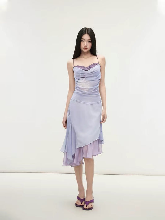 Matin Gris Purple Satin Patchwork Camisole Mesh Irregular Skirt with Lace Trim Top and Pencil Skirt Set