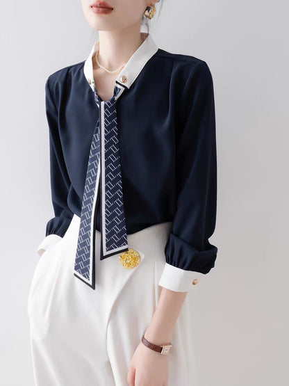 Women's French-style navy blue loose-fit shirt—a stylish, distinctive top for autumn, suitable for professional and office wear (2026 New Collection).