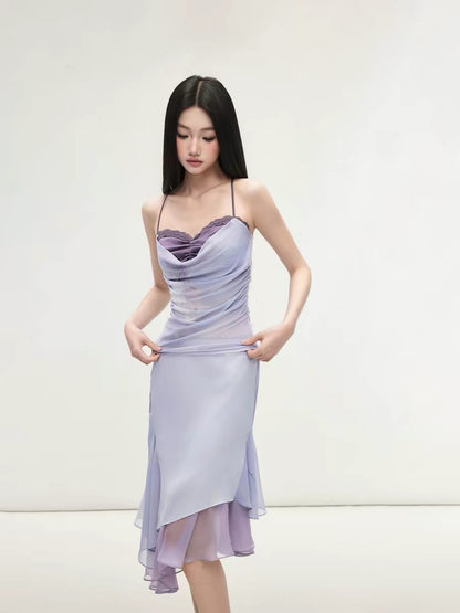 Matin Gris Purple Satin Patchwork Camisole Mesh Irregular Skirt with Lace Trim Top and Pencil Skirt Set