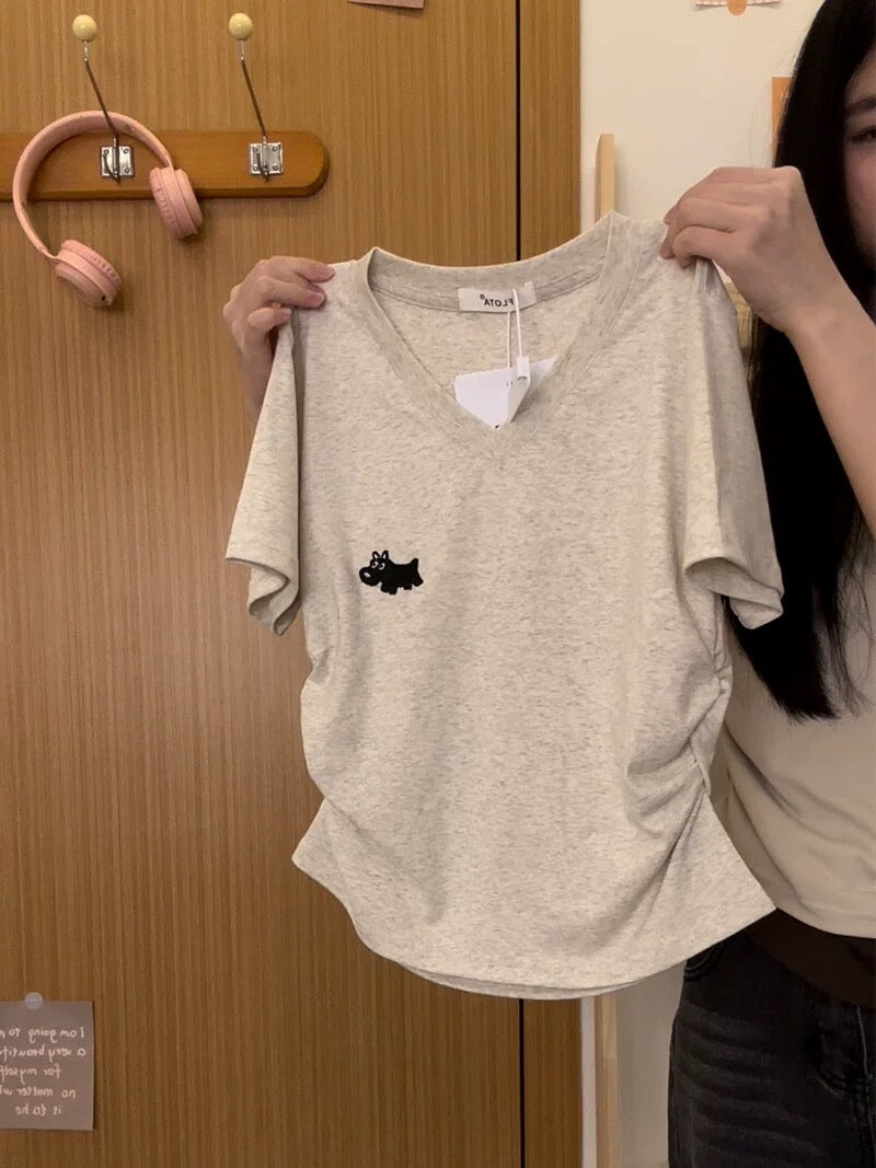 Cream Universe Embroidered Cartoon V-Neck Right Shoulder Short Sleeve T-Shirt Women's Japanese Slim Short Top Summer New Style