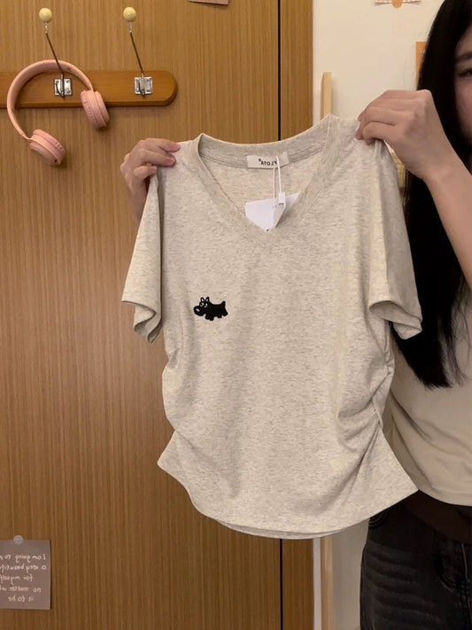 Cream Universe Embroidered Cartoon V-Neck Right Shoulder Short Sleeve T-Shirt Women's Japanese Slim Short Top Summer New Style