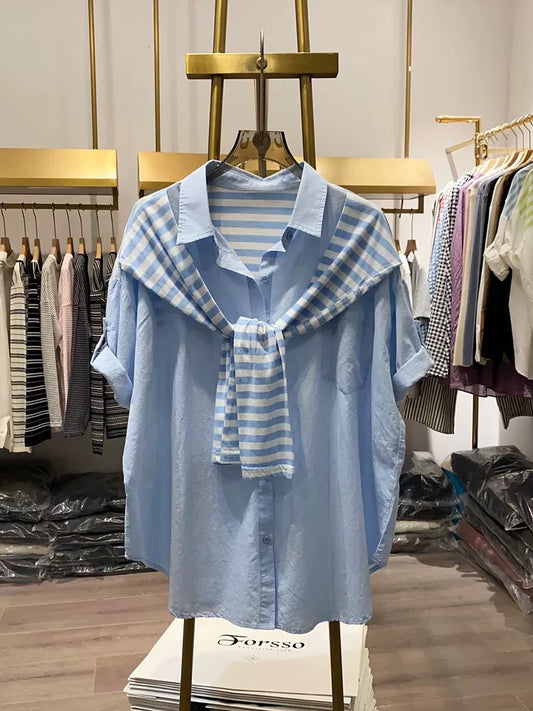 [Xiao Ai stall real shot] Fashionable and fresh fake two-piece striped shawl rolled sleeve shirt women's summer Korean style top