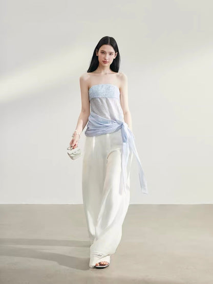 Matin Gris textured pleated sequined strapless top with a twisted long ribbon hem and loose lyocell fabric.