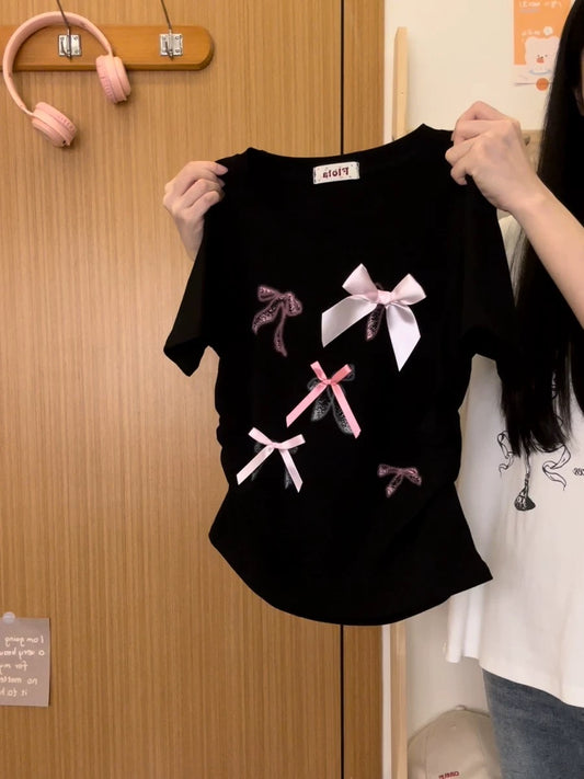 Cream Universe Three-dimensional Bow Right Shoulder Short Sleeve T-shirt Women's Sweet Short Top Summer New Style