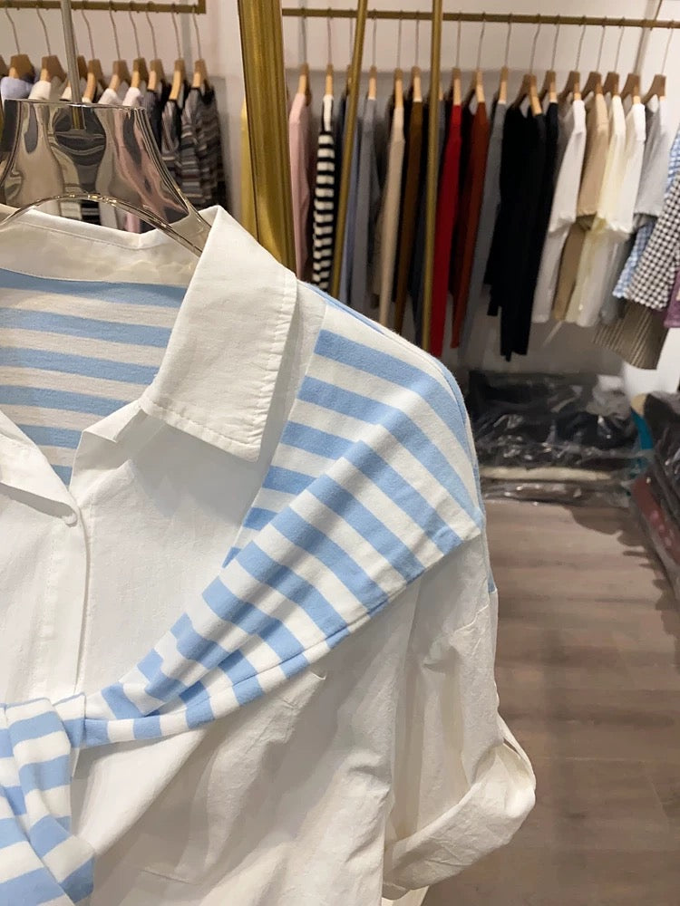 [Xiao Ai stall real shot] Fashionable and fresh fake two-piece striped shawl rolled sleeve shirt women's summer Korean style top