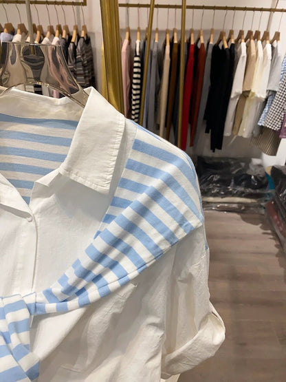 [Xiao Ai stall real shot] Fashionable and fresh fake two-piece striped shawl rolled sleeve shirt women's summer Korean style top