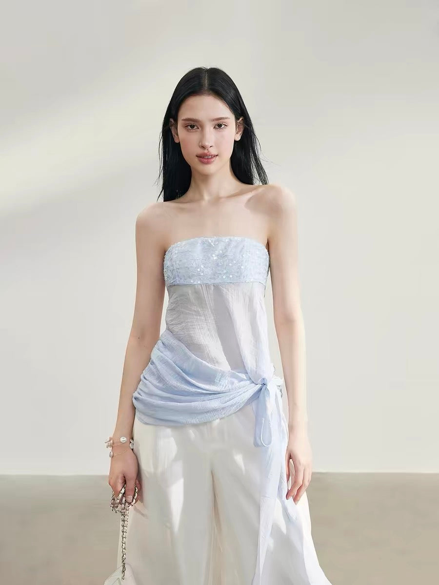 Matin Gris textured pleated sequined strapless top with a twisted long ribbon hem and loose lyocell fabric.