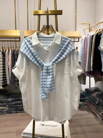 [Xiao Ai stall real shot] Fashionable and fresh fake two-piece striped shawl rolled sleeve shirt women's summer Korean style top