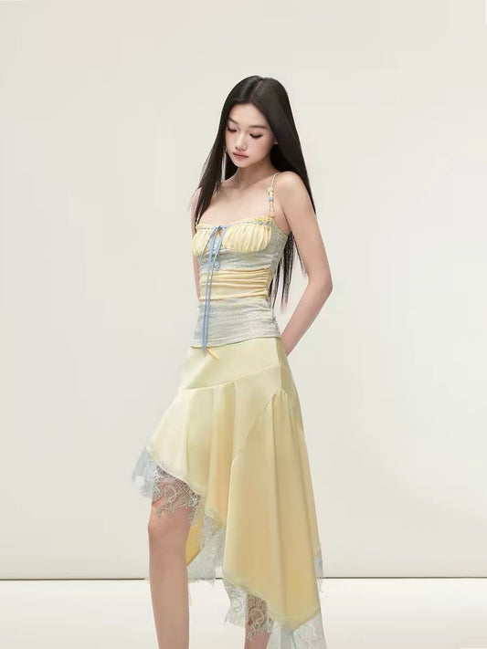 Matin Gris Ruffled Lace Beaded Camisole Top with Drawstring Trim and Ruffled Trim