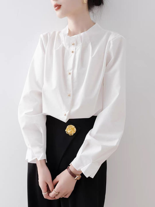 Women's White Shirt – 2026 New Autumn Collection: French-style loose-fit stand-collar shirt; a soft, sophisticated look perfect for the workplace.