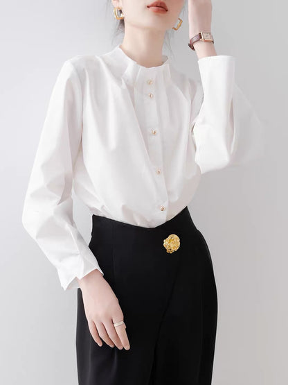 Women's White Shirt – 2026 New Autumn Collection: French-style loose-fit stand-collar shirt; a soft, sophisticated look perfect for the workplace.