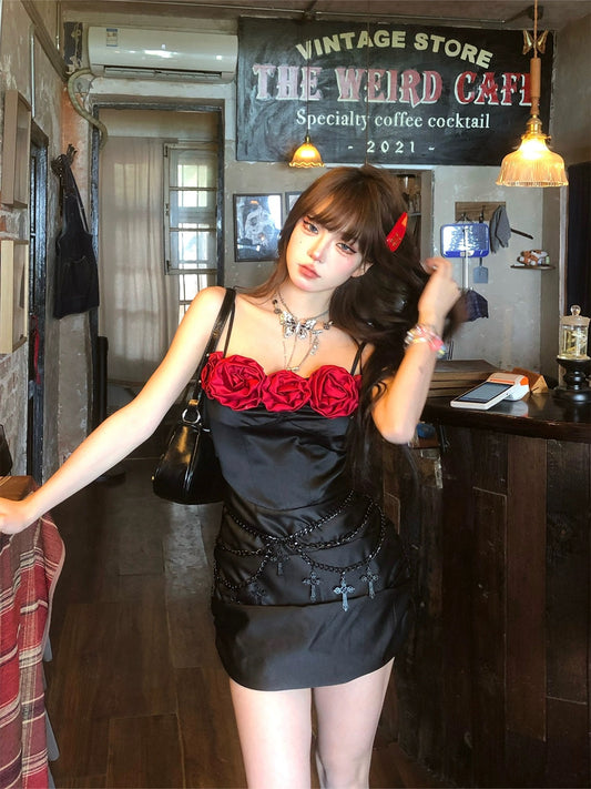 Nan Lixiang Thorn Rose Black Floral Dress Women's Summer Waist Bag Hip Skirt Design Slim Suspender Skirt Short Skirt