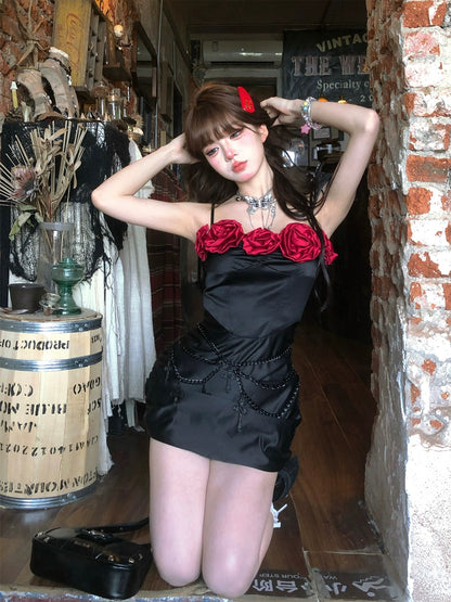 Nan Lixiang Thorn Rose Black Floral Dress Women's Summer Waist Bag Hip Skirt Design Slim Suspender Skirt Short Skirt