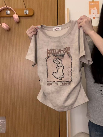 Cream Universe Rabbit Tie Dye Right Shoulder No Waist Short Sleeve T-Shirt Women's Retro Sweet Cool Style Short Top New Style