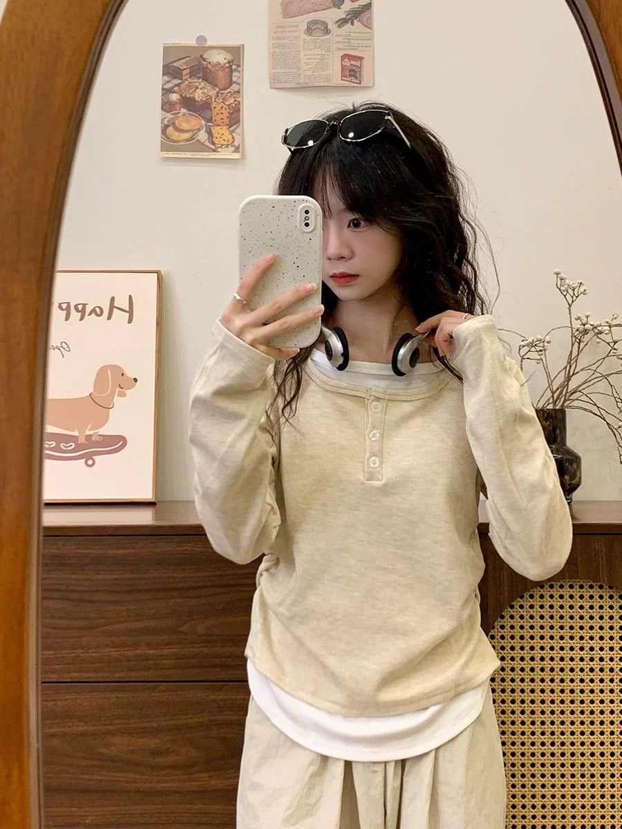 Cream Universe Fake two-piece velvet bottoming long-sleeved T-shirt for women petite slim inner top autumn and winter new style