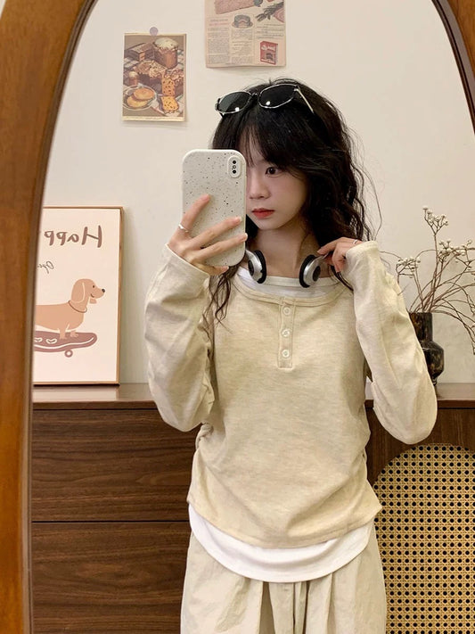 Cream Universe Fake two-piece velvet bottoming long-sleeved T-shirt for women petite slim inner top autumn and winter new style