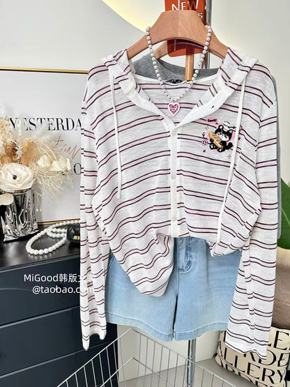 Summer sun protection cardigan ~ 2026 new Korean style striped fashion embroidered kitten loose hooded sun protection shirt, thin style