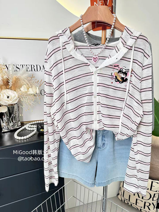Summer sun protection cardigan ~ 2026 new Korean style striped fashion embroidered kitten loose hooded sun protection shirt, thin style