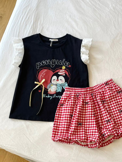 Sweet and cute small flying sleeve cartoon penguin print pajamas women's summer bow shorts large size home clothes set