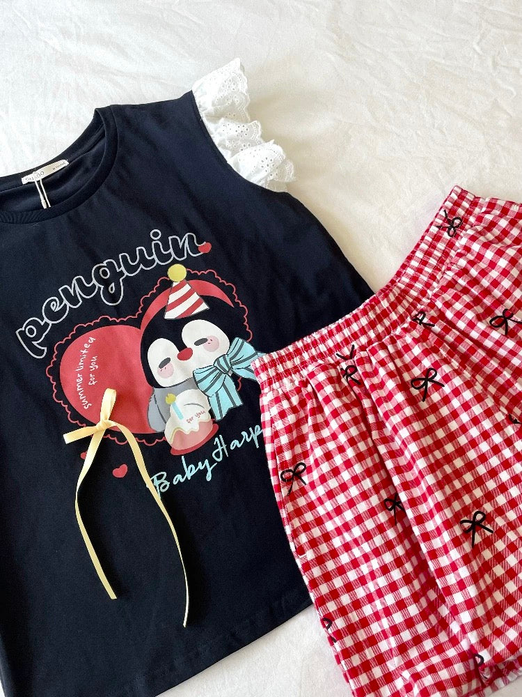 Sweet and cute small flying sleeve cartoon penguin print pajamas women's summer bow shorts large size home clothes set