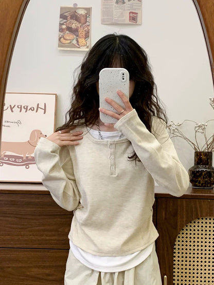 Cream Universe Fake two-piece velvet bottoming long-sleeved T-shirt for women petite slim inner top autumn and winter new style