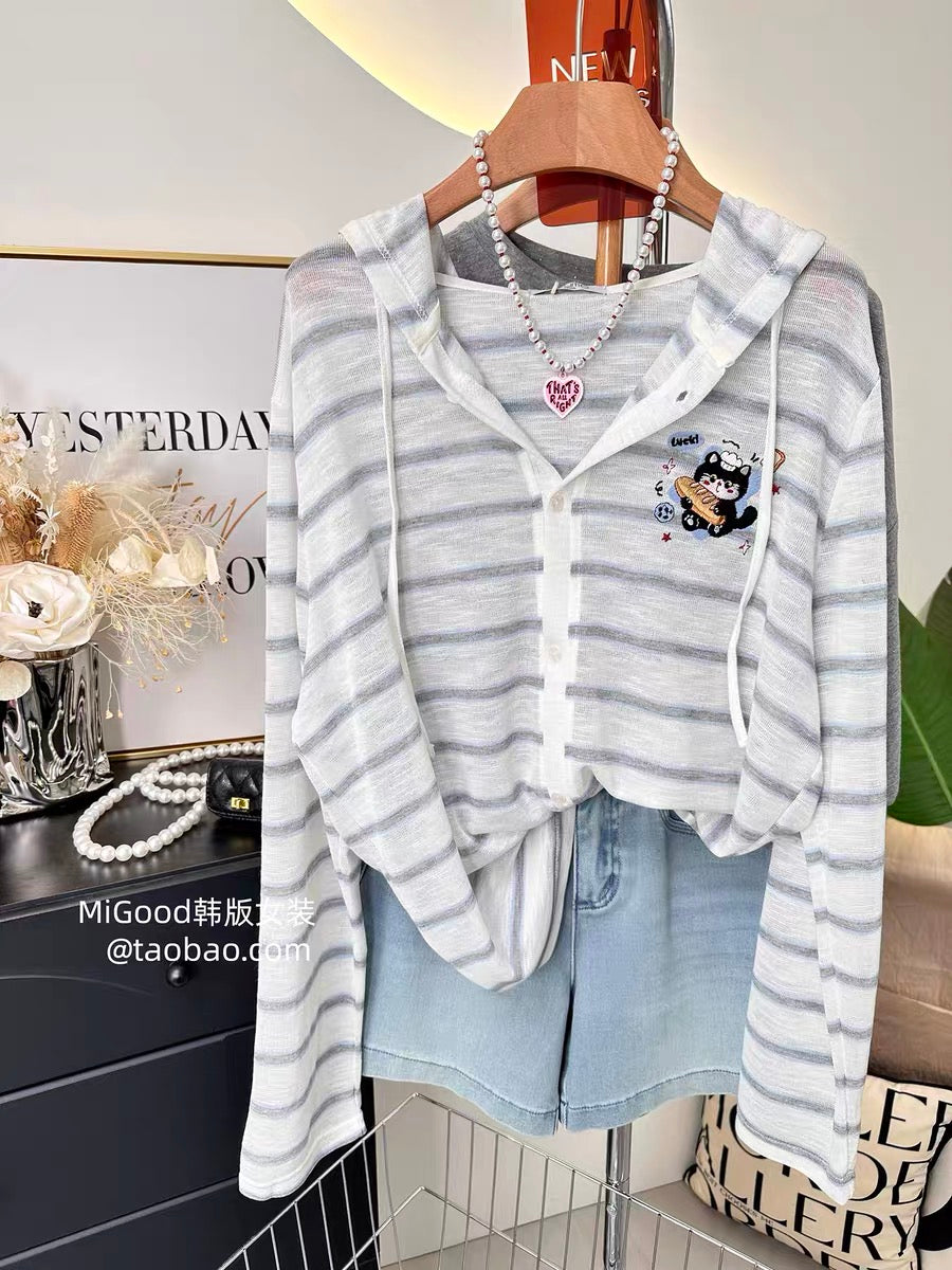 Summer sun protection cardigan ~ 2026 new Korean style striped fashion embroidered kitten loose hooded sun protection shirt, thin style