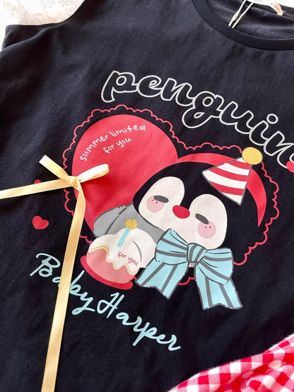 Sweet and cute small flying sleeve cartoon penguin print pajamas women's summer bow shorts large size home clothes set