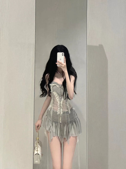 Sexy hot girl suit female pleated stitching mesh lace camisole top niche irregular skirt