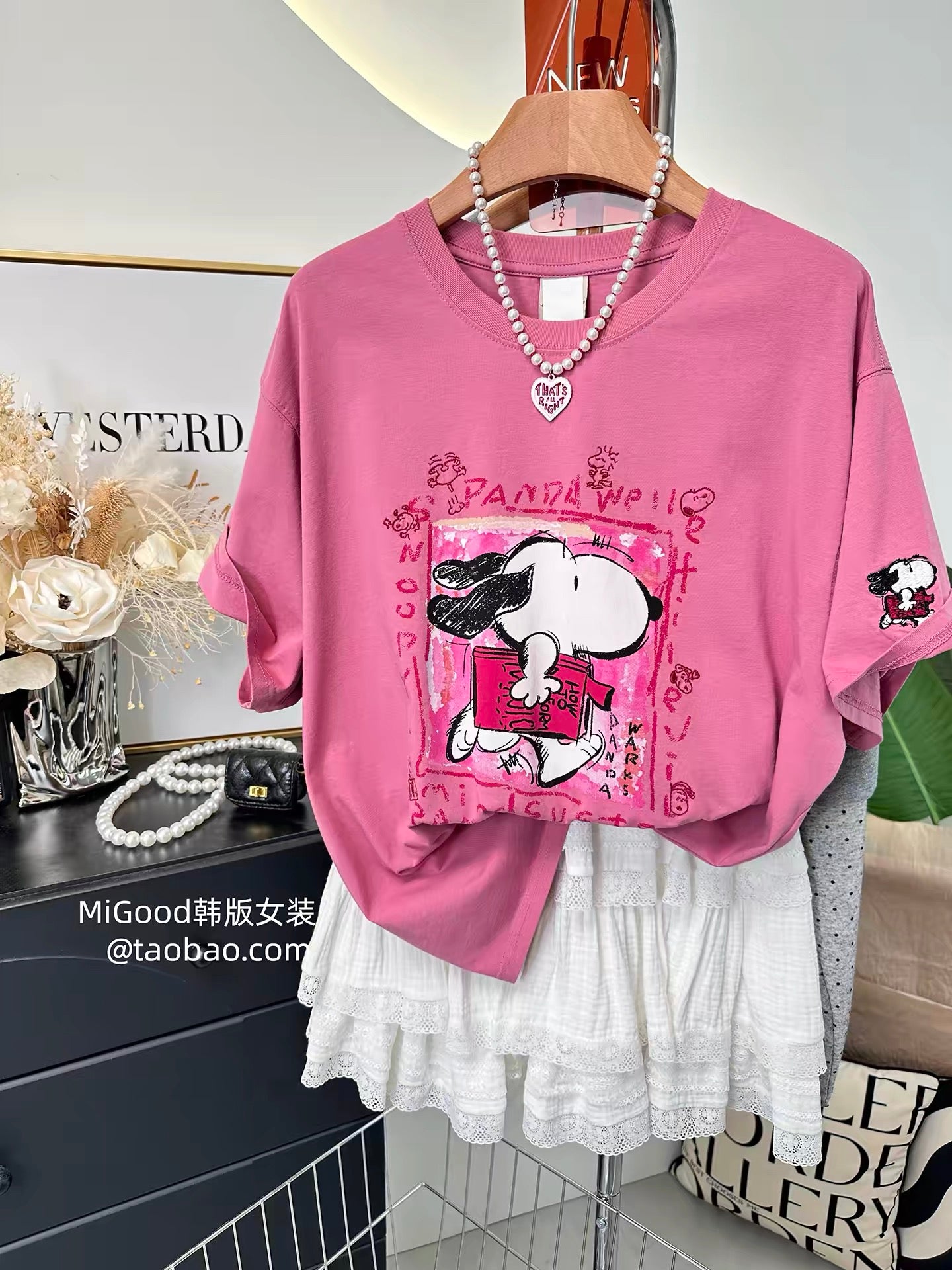 Summer Hot Item Recommendation ~ Paper Bag Home Korean Style Running Puppy Print Loose Plus Size Pure Cotton T-Shirt for Women