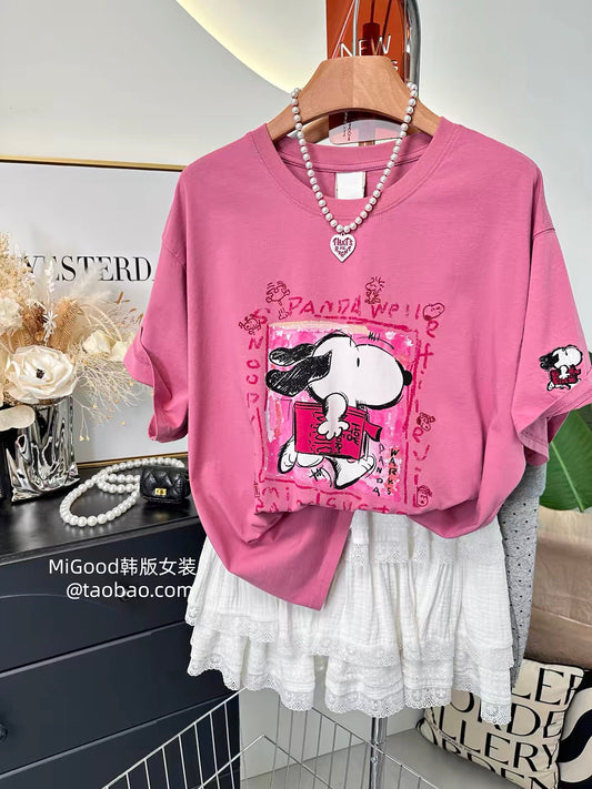 Summer Hot Item Recommendation ~ Paper Bag Home Korean Style Running Puppy Print Loose Plus Size Pure Cotton T-Shirt for Women