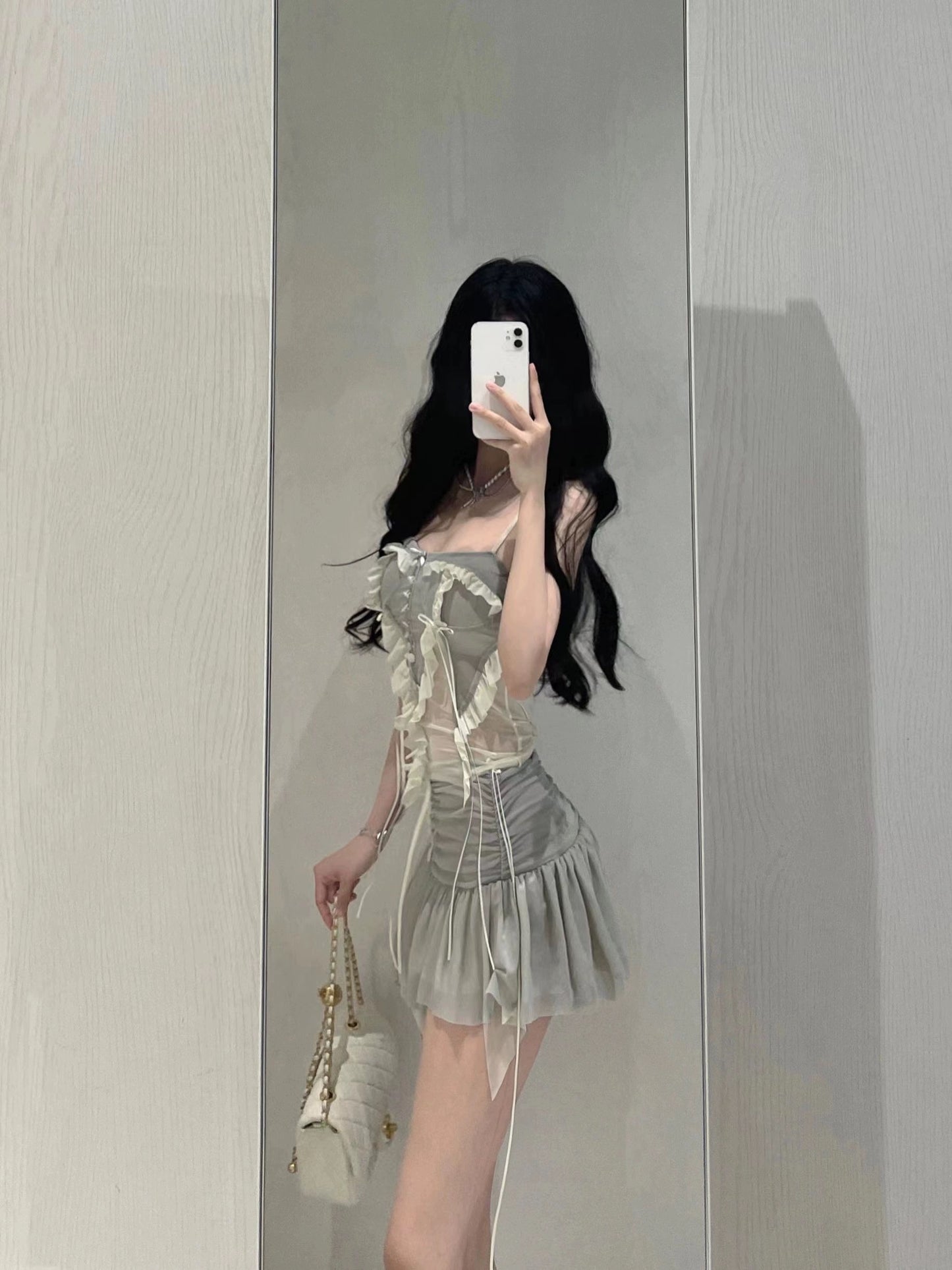 Sexy hot girl suit female pleated stitching mesh lace camisole top niche irregular skirt