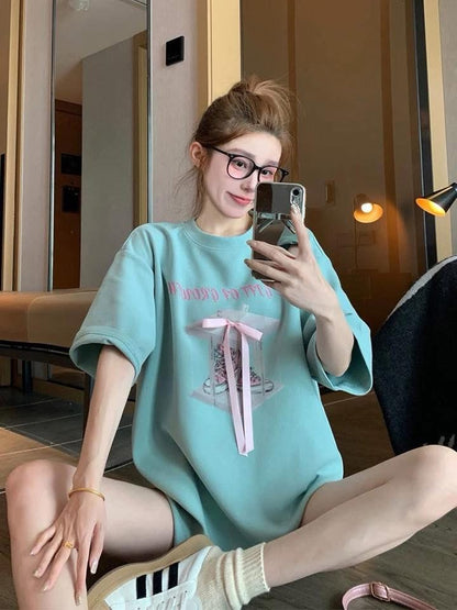 Light blue bow cotton short-sleeved T-shirt for women in summer, loose and slim, small and casual half-sleeved straight shoulder tops