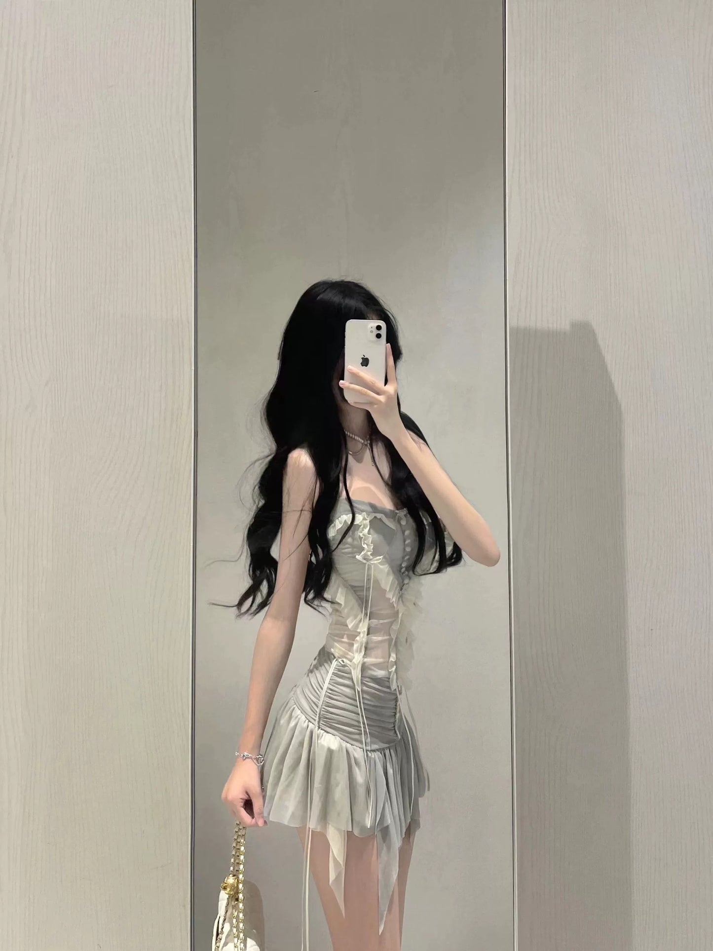 Sexy hot girl suit female pleated stitching mesh lace camisole top niche irregular skirt
