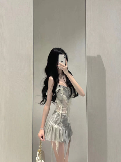 Sexy hot girl suit female pleated stitching mesh lace camisole top niche irregular skirt